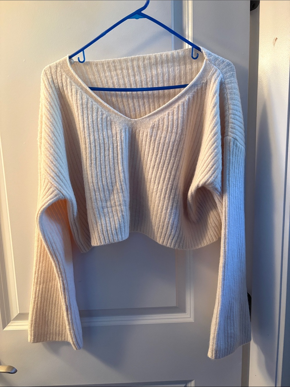 Garage Cream Ribbed V-Neck Cropped Sweater
